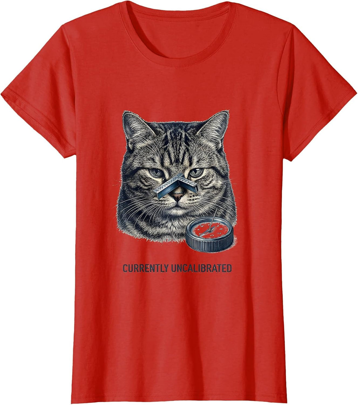 Women's Currently Uncalibrated Botanical Absurdist Cat Meme Parody T-Shirt - Red
