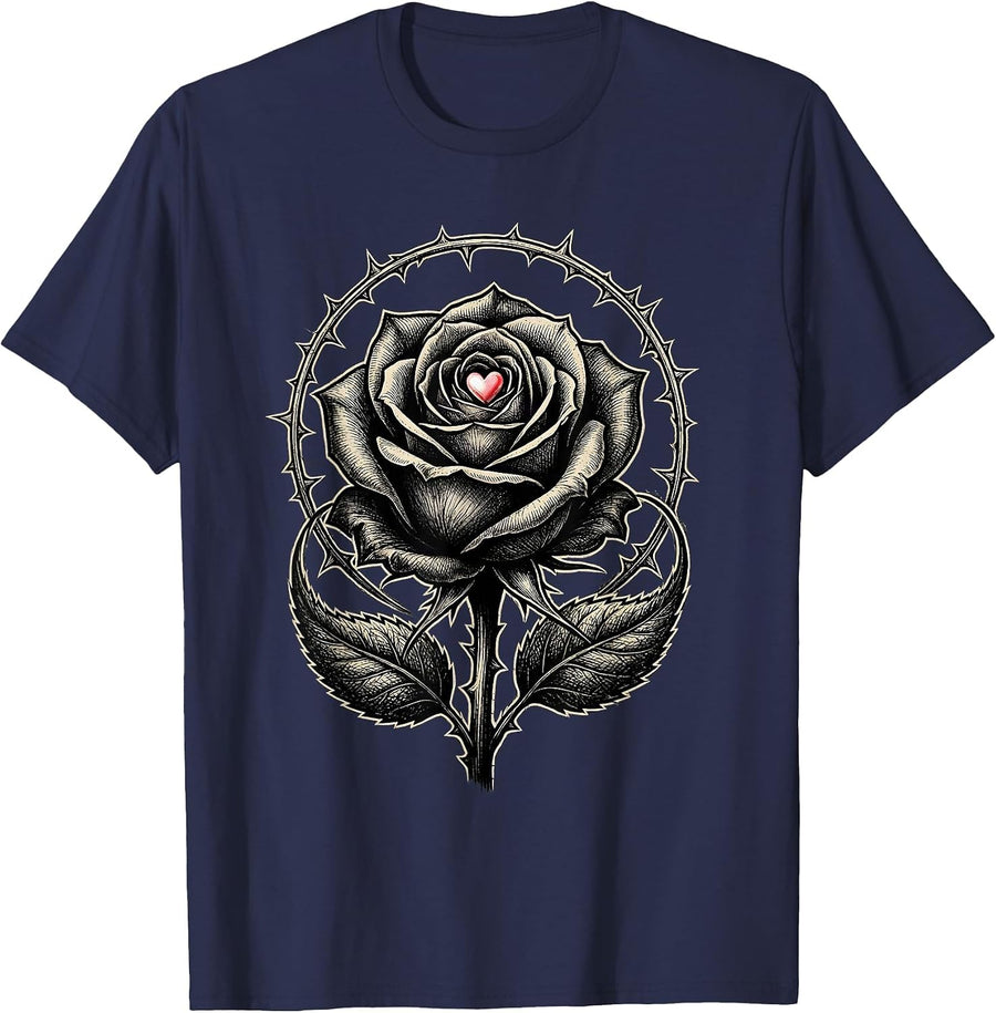 Thorny Rose Candy Heart Tattoo Alt Goth Y2K T-Shirt - Navy Blue