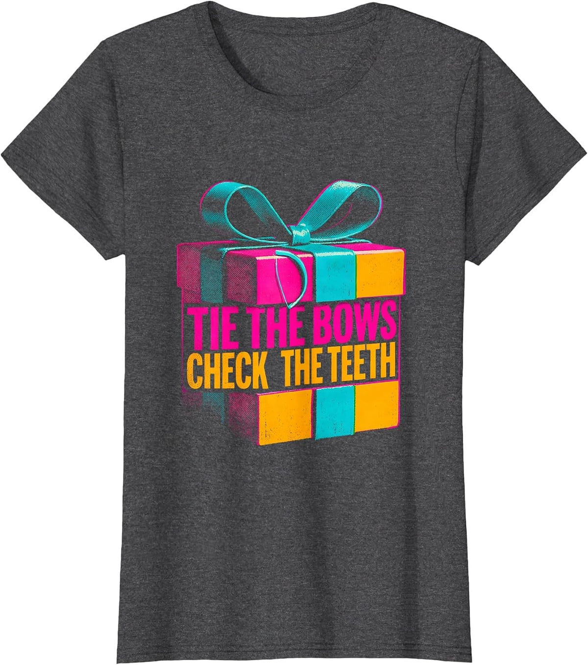 Women's Tie The Bows Check The Teeth Risograph Funny Dentist T-Shirt - Dark Heather Grey