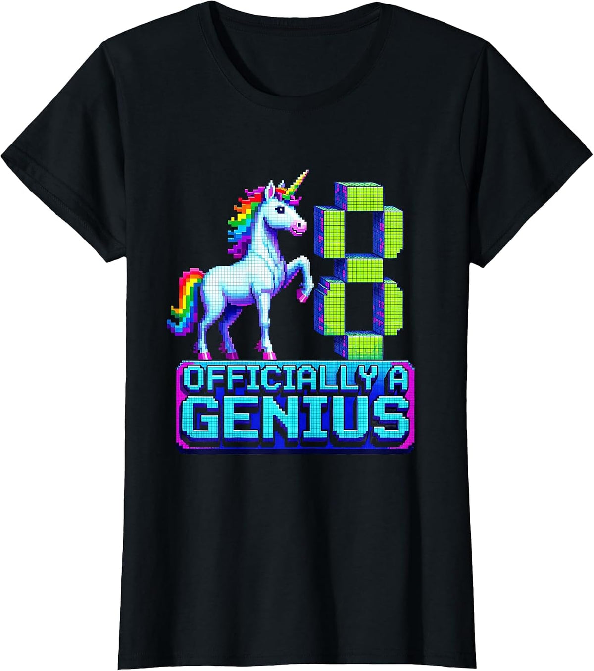 Officially A Genius Pixel Art Unicorn Birthday Girl Party T-Shirt - Black