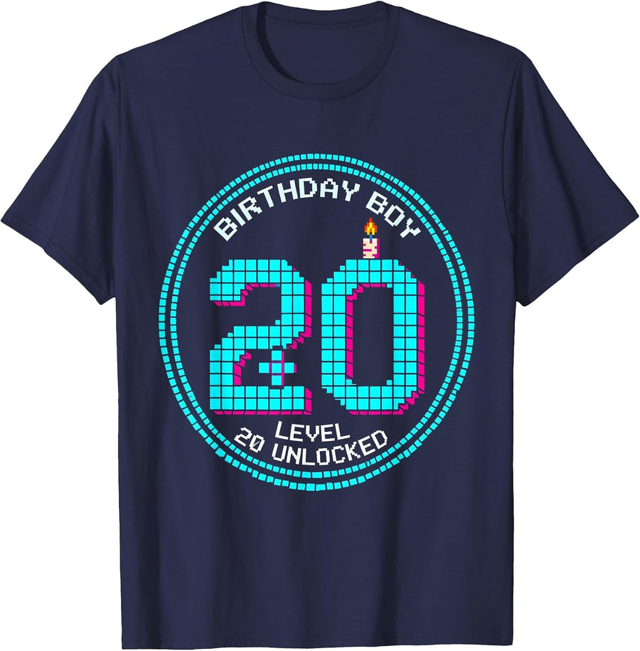 Birthday Boy: Level 20 Unlocked Pixel Art Gamer Birthday T-Shirt - Navy Blue