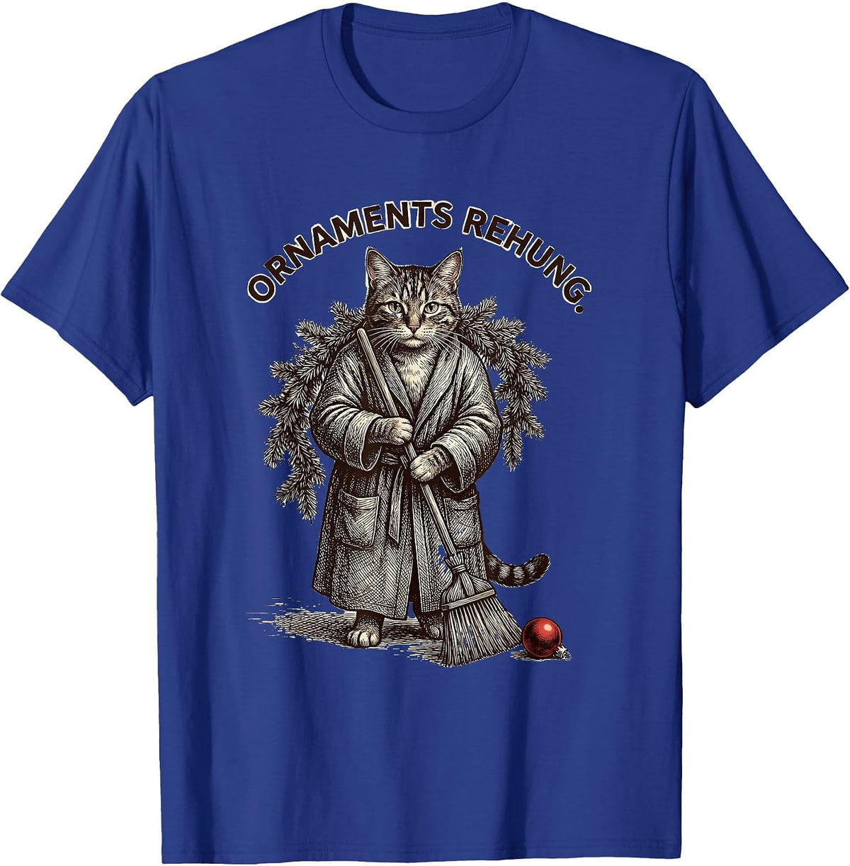 Ornaments Rehung Crosshatch Etching Funny Cat Lover Holiday T-Shirt - Royal Blue
