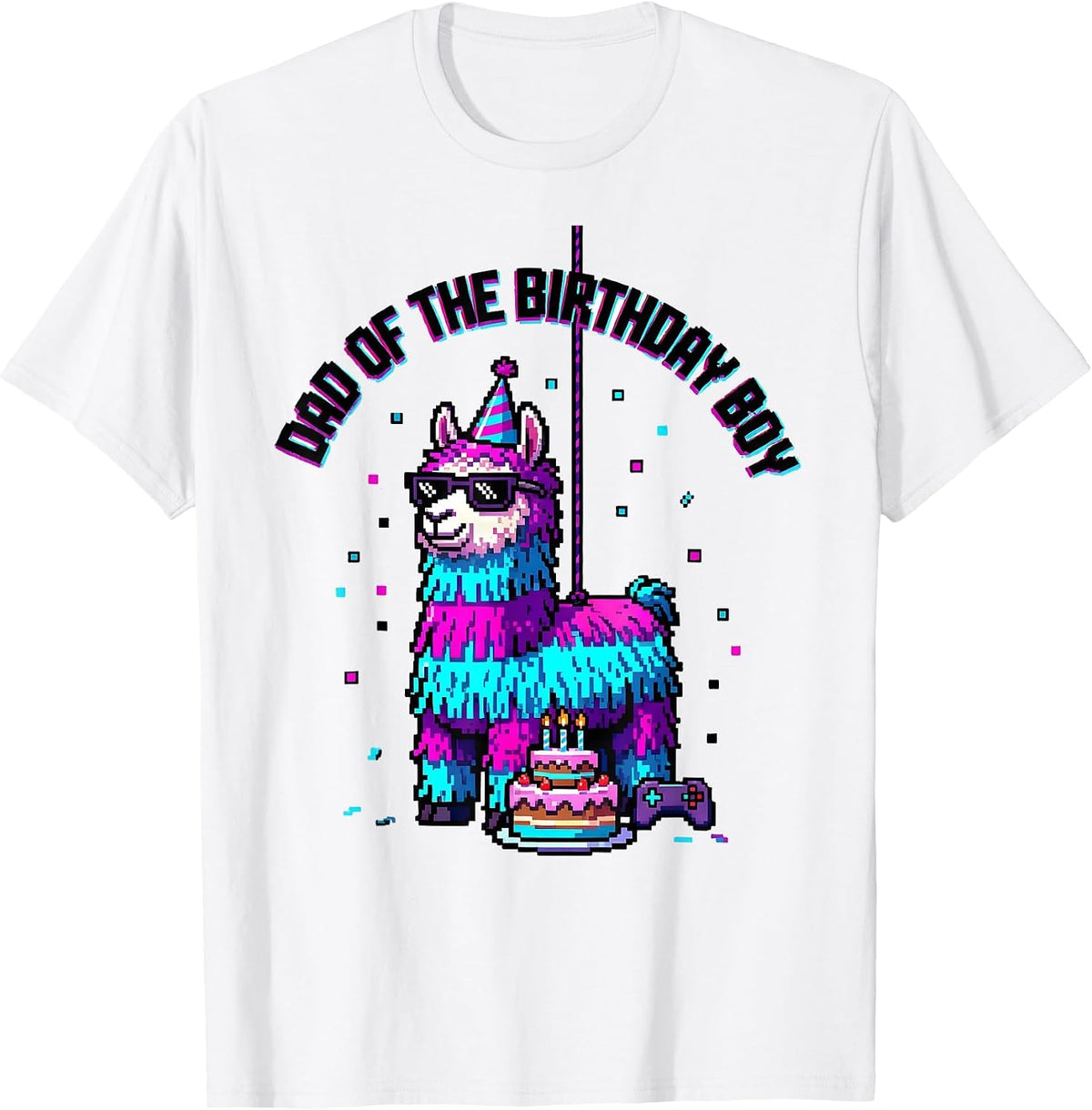 Men's Dad Of The Birthday Boy Pixel Art Llama Piñata Gamer Party T-Shirt - White