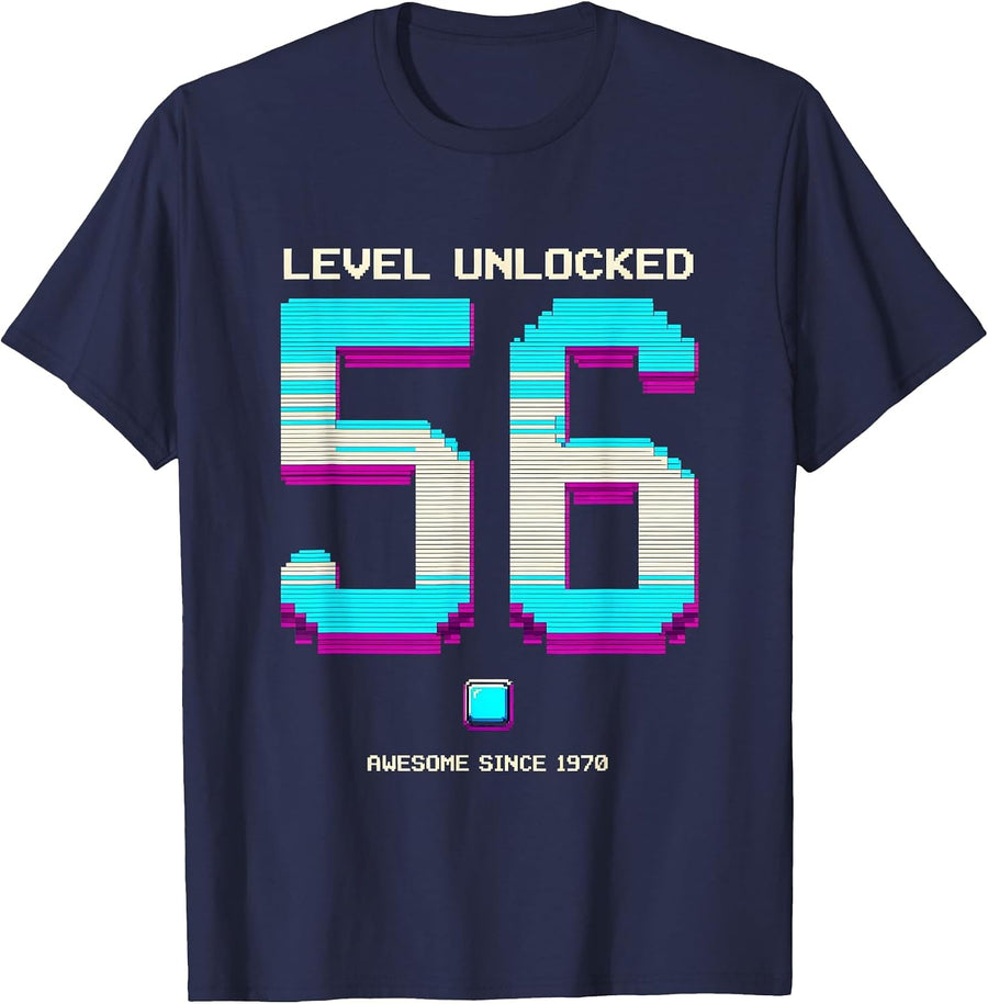 Level 56 Unlocked Awesome Since 1970 Pixel Art Gamer T-Shirt - Navy Blue