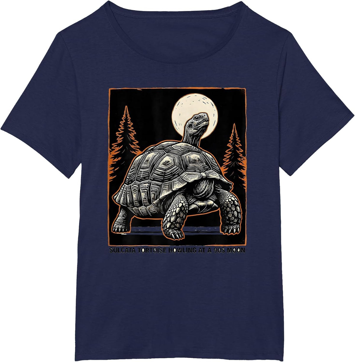 Women's Sulcata Tortoise Howling at a 90s Moon 90's Retro Pet Lover T-Shirt - Navy Blue