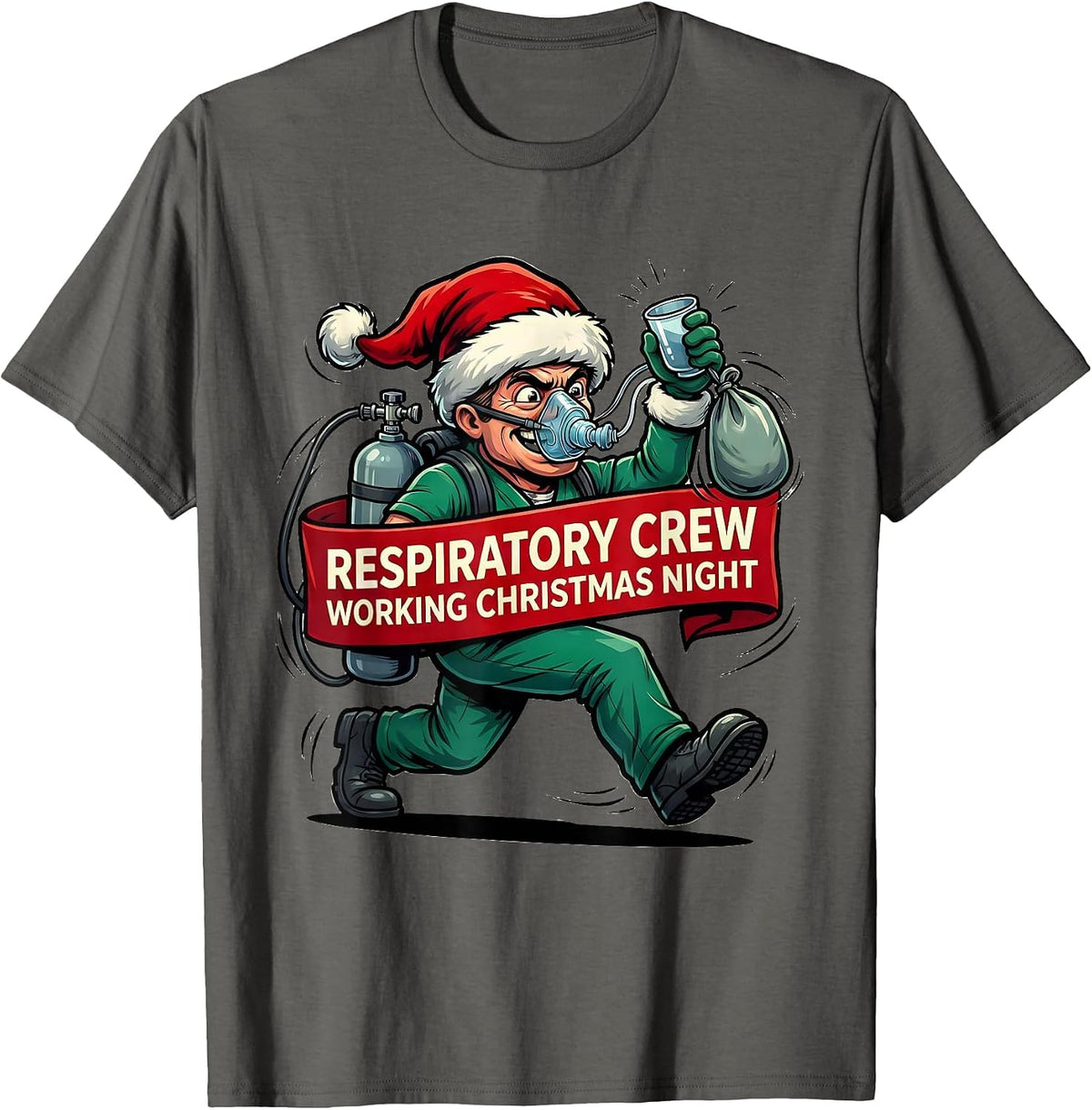 Respiratory Crew Working Christmas Night Funny T-Shirt - Asphalt Grey