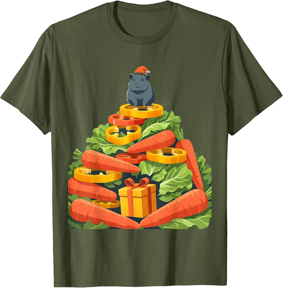 Stacked Vegetables Guinea Pig Santa Hat Christmas Humor T-Shirt - Olive Green