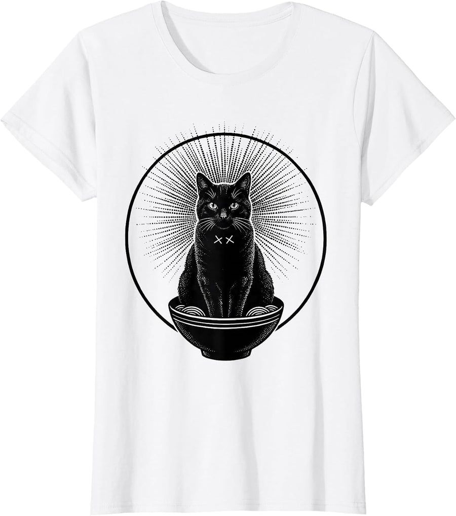 Women's Blackwork Cat Ramen Kaiju Anime Art Cat Lover Gift T-Shirt - White