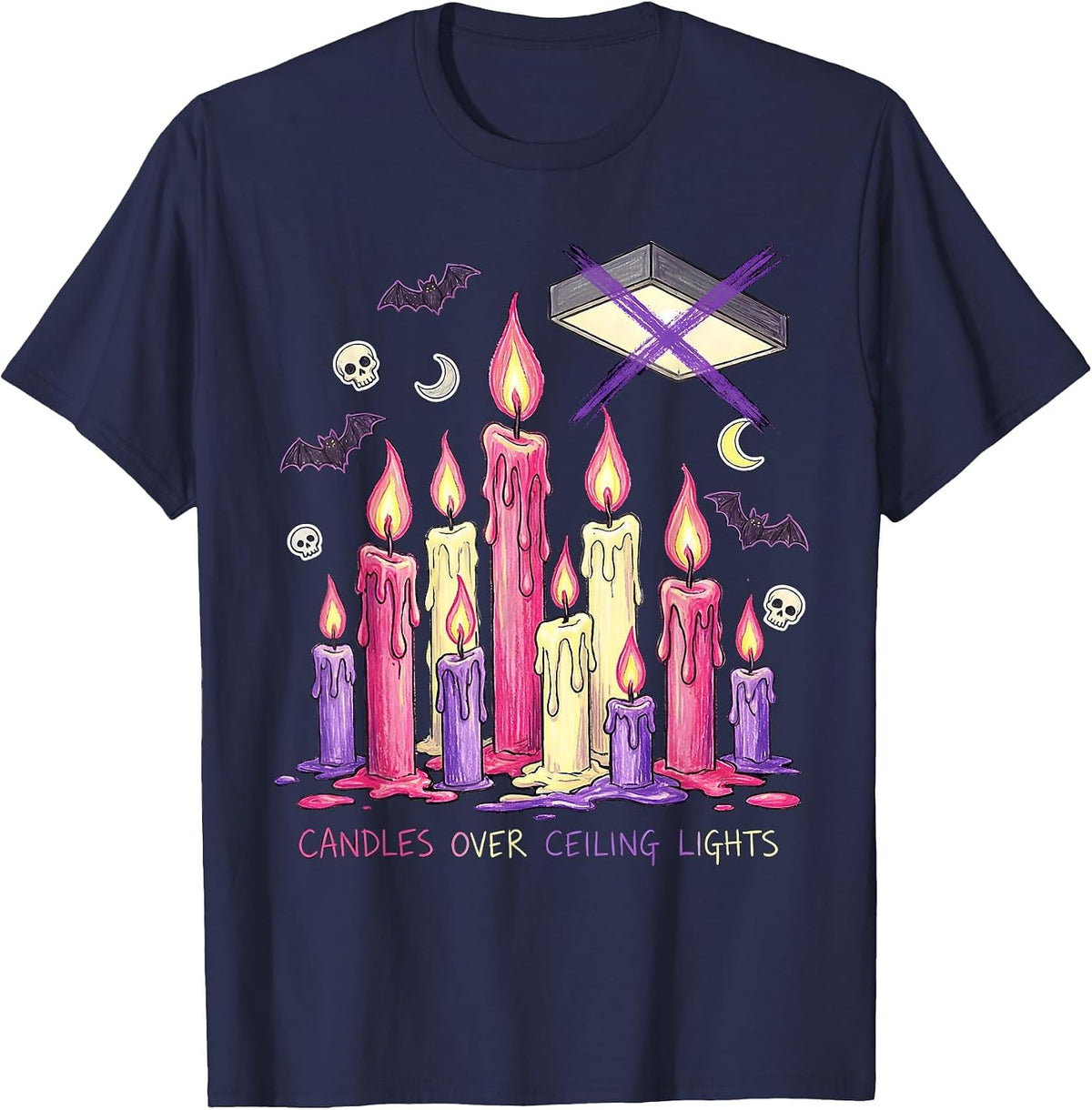 Men's Candles Over Ceiling Lights Goth Aesthetic Design T-Shirt - Navy Blue