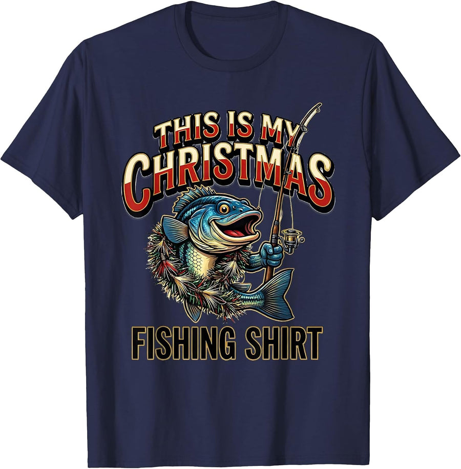 This Is My Christmas Fishing Shirt Funny Dad Ugly Sweater T-Shirt - Navy Blue