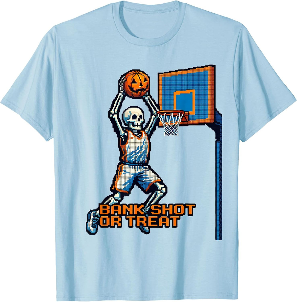 Men's Bank Shot or Treat Pixel Art Halloween Skeleton Basketball T-Shirt - Baby Blue