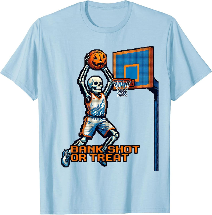 Men's Bank Shot or Treat Pixel Art Halloween Skeleton Basketball T-Shirt - Baby Blue