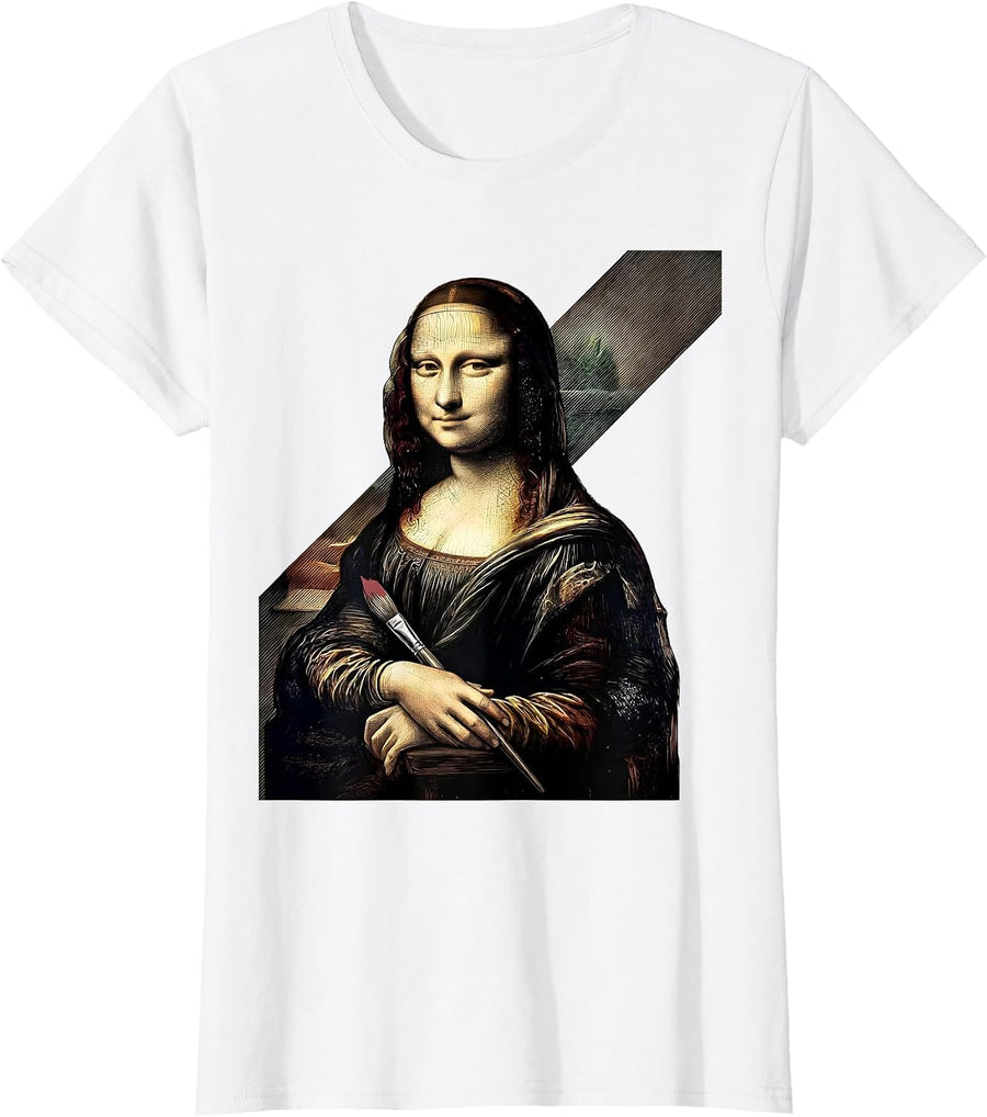 Women's Crosshatched Mona Lisa Artist Humor Art History Lover T-Shirt - White