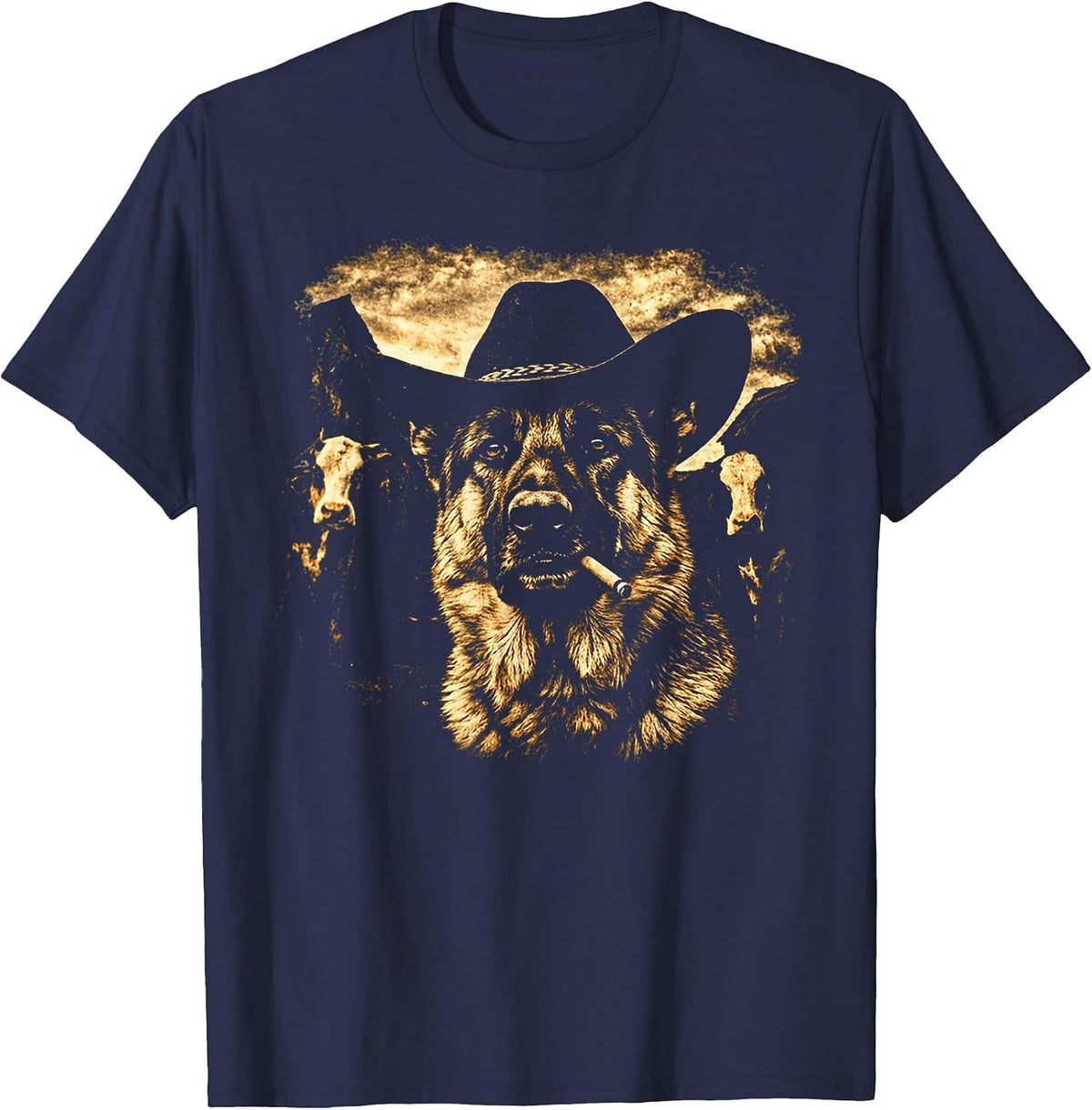 German Shepherd Western Graphic Cowboy Dog Smoking T-Shirt - Navy Blue