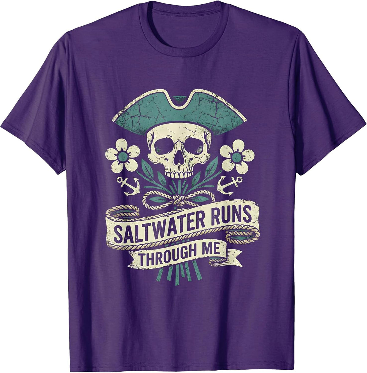 Saltwater Runs Through Me Pirate Design T-Shirt - Purple