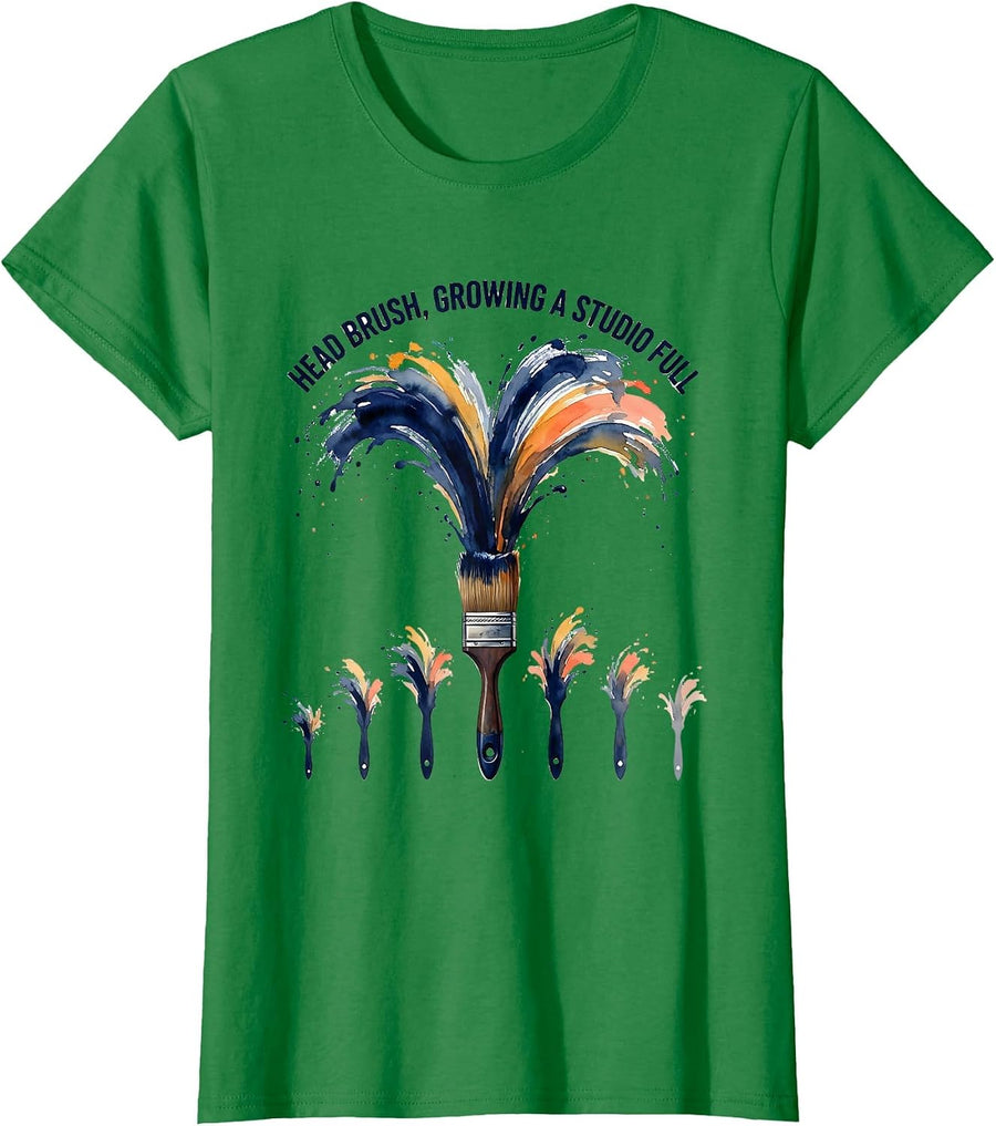 Women's Head Brush Growing A Studio Full Funny Art Teacher Painter T-Shirt - Kelly Green