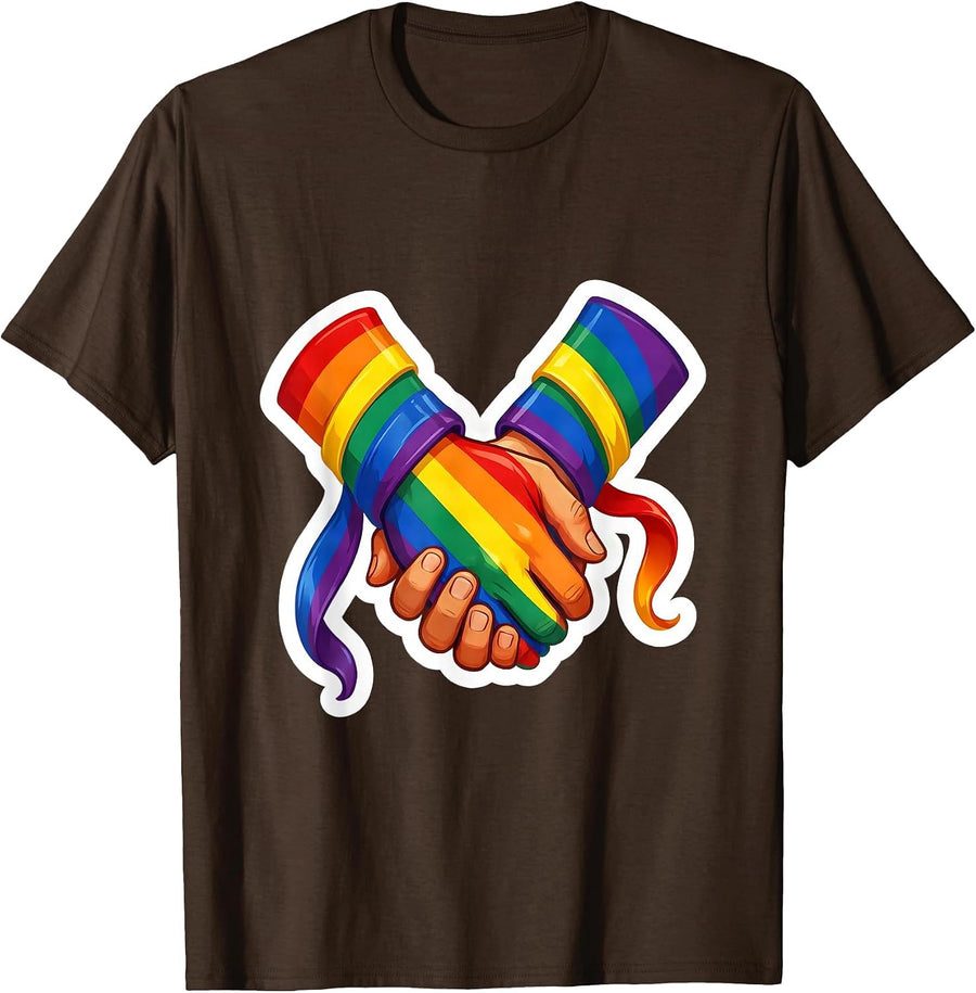 Pride Rainbow Ribbon Clasped Hands Illustration T-Shirt - Brown