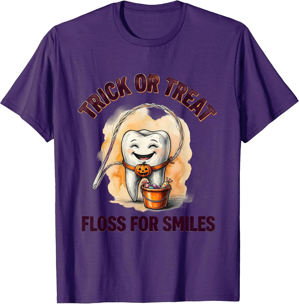 Men's Trick Or Treat Floss For Smiles Watercolor Dental Humor T-Shirt - Purple