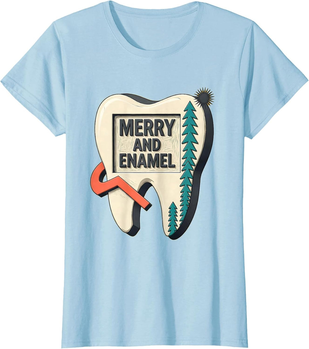 Women's Merry and Enamel Midcentury Modern Dental Christmas Dentist T-Shirt - Baby Blue