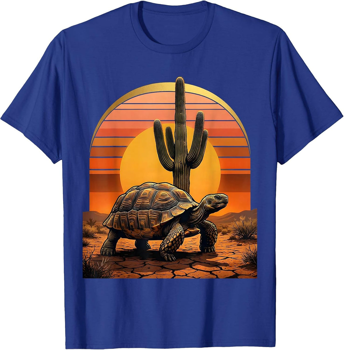 Desert Tortoise and Cactus Mexico Wildlife Art T-Shirt - Royal Blue