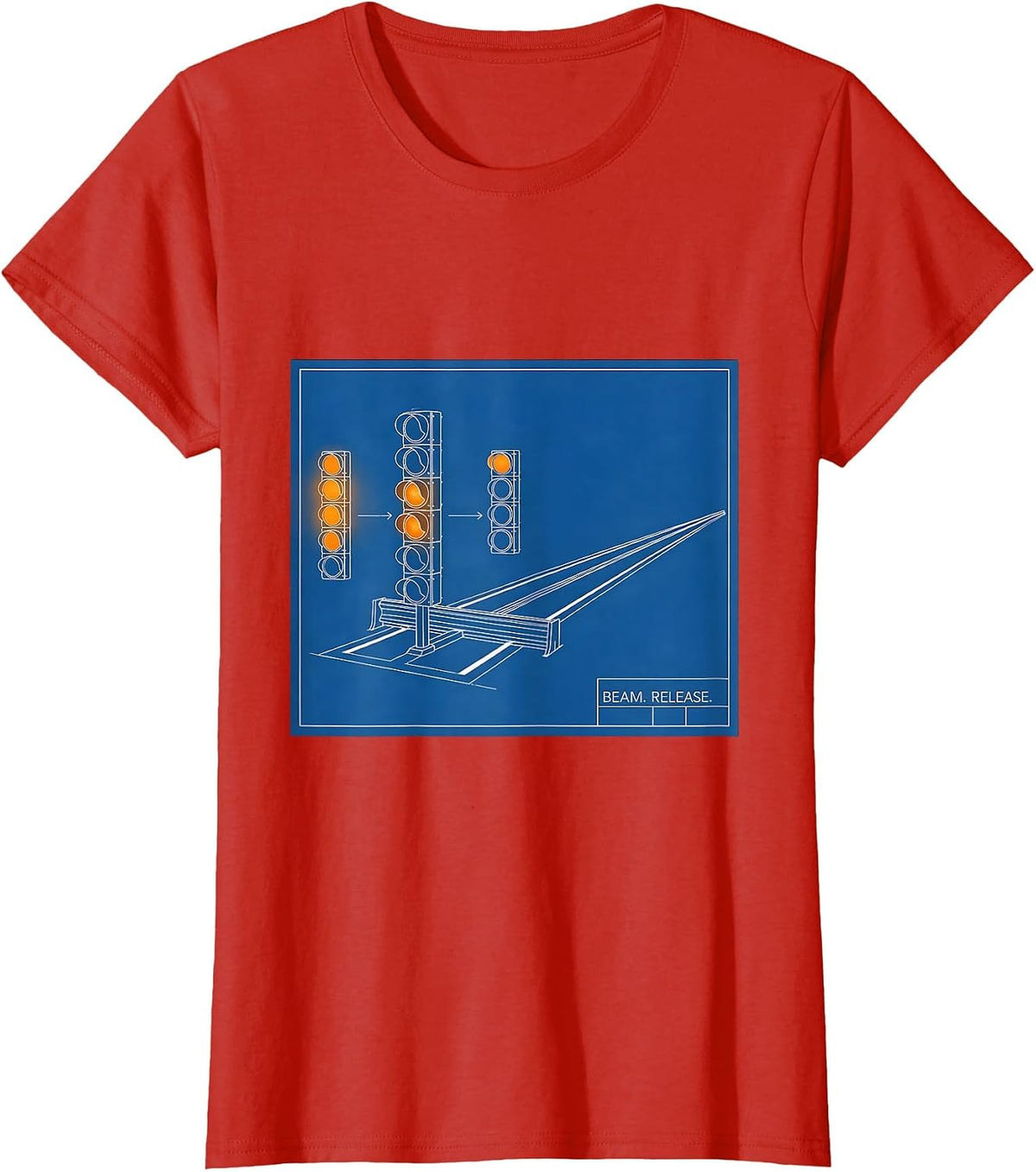 Beam Release Technical Blueprint American Drag Racing RC Car T-Shirt - Red