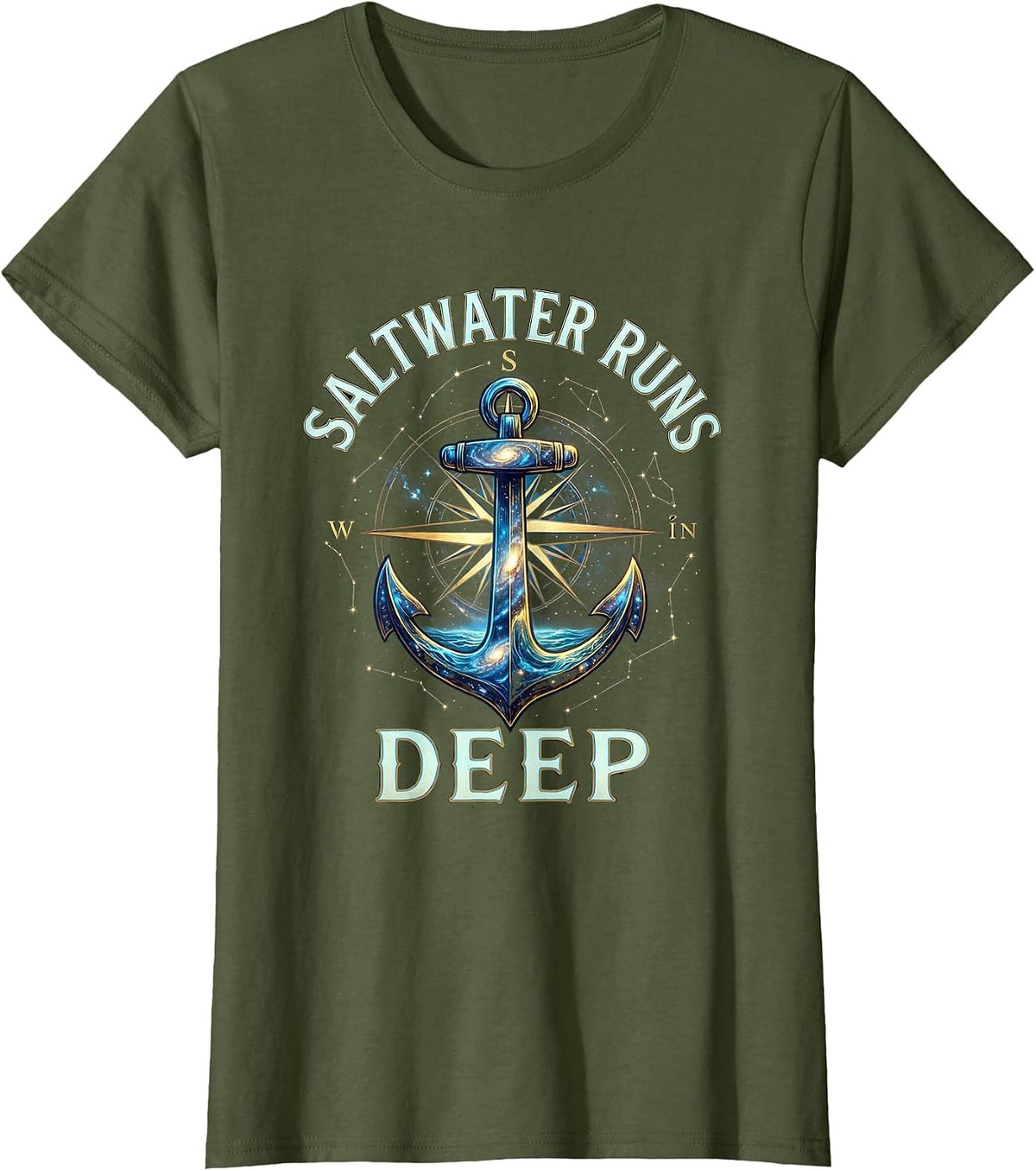 Women's Saltwater Runs Deep Sailor Nautical Design T-Shirt - Olive Green