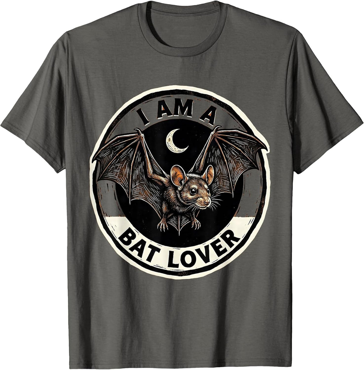 Men's I Am A Bat Lover Linocut Bat Enthusiast Halloween Nature T-Shirt - Asphalt Grey