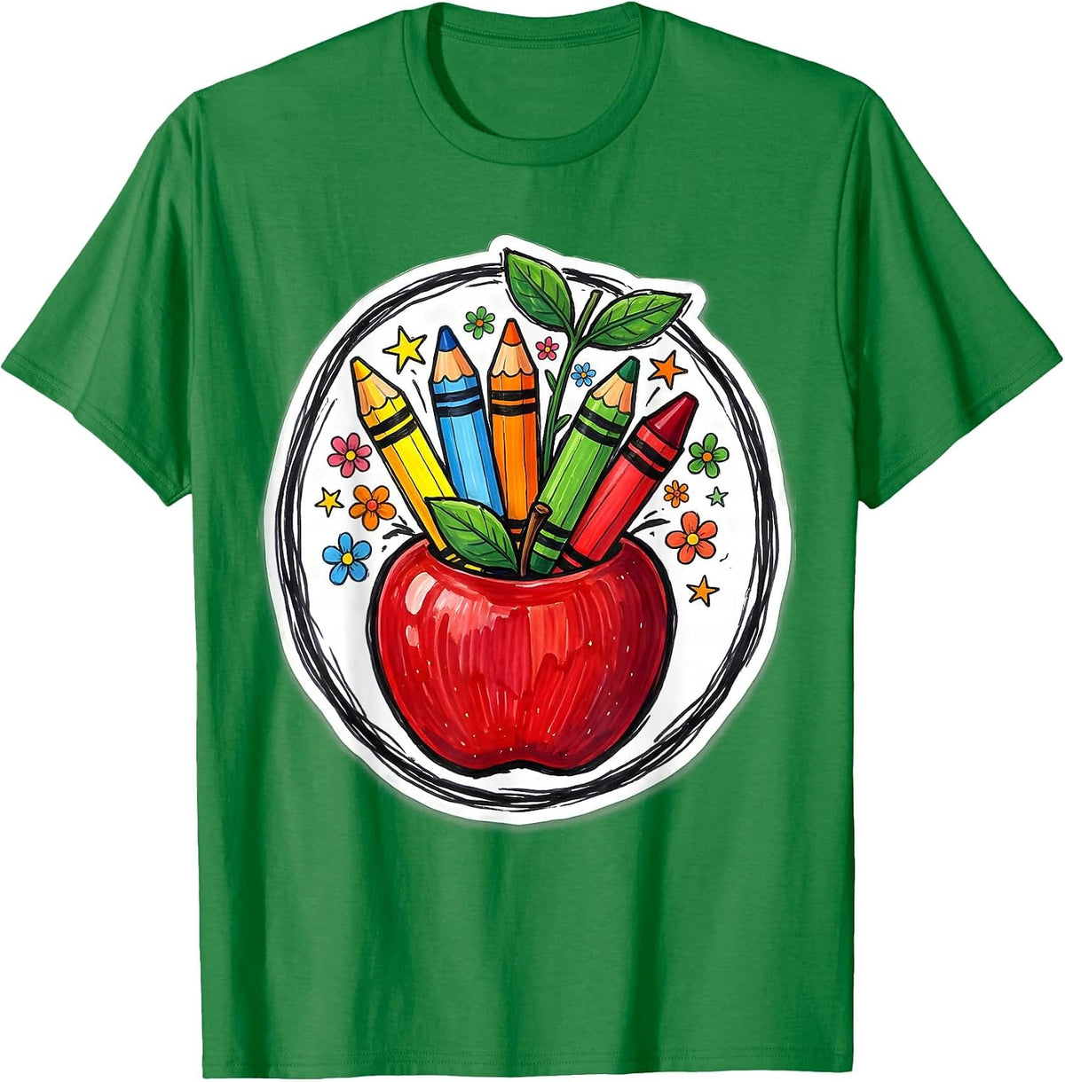 Men's Kindergarten Teacher Apple Crayon Pencil Design T-Shirt - Kelly Green
