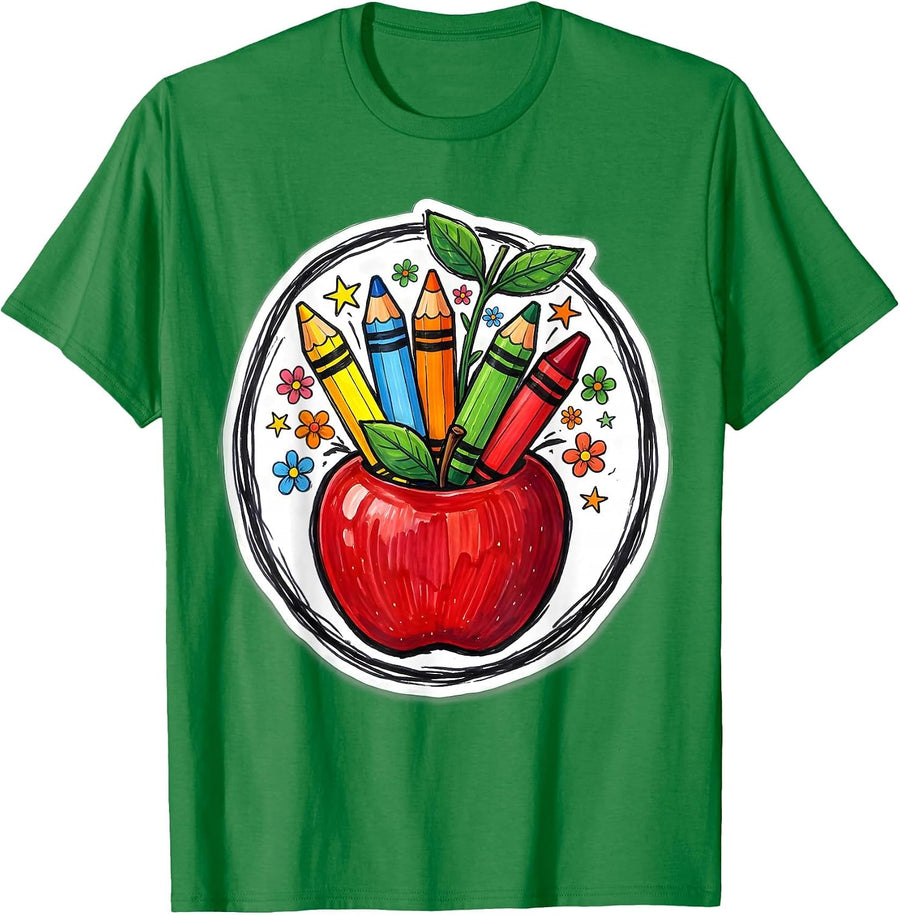Men's Kindergarten Teacher Apple Crayon Pencil Design T-Shirt - Kelly Green