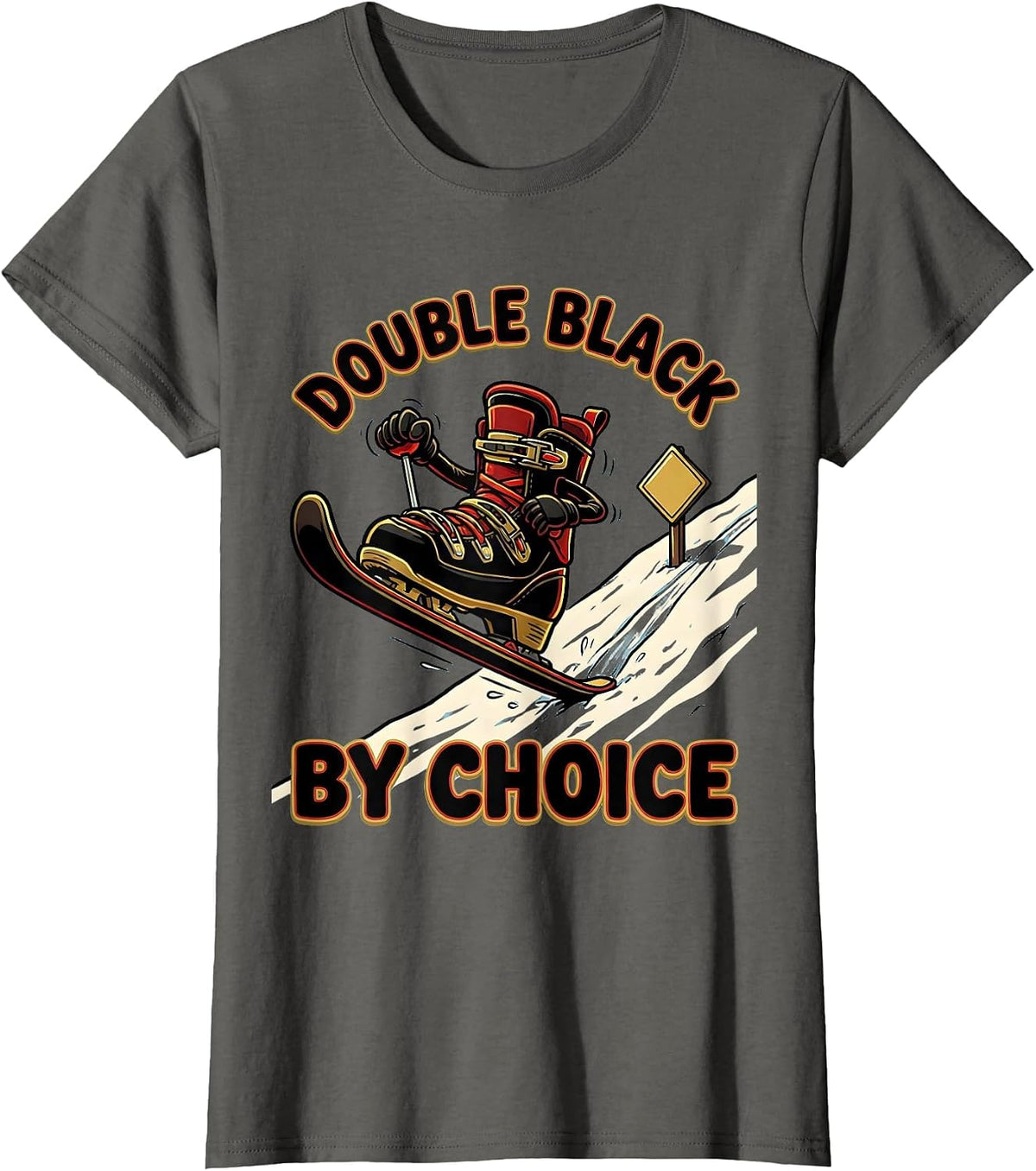 Women's Double Black By Choice Funny Ski Snowboard Winter Sports T-Shirt - Asphalt Grey