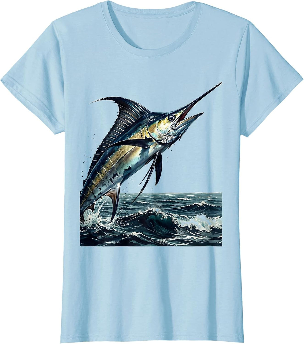 Mahi-Mahi Leaping Ocean Waves Caribbean Design T-Shirt - Baby Blue