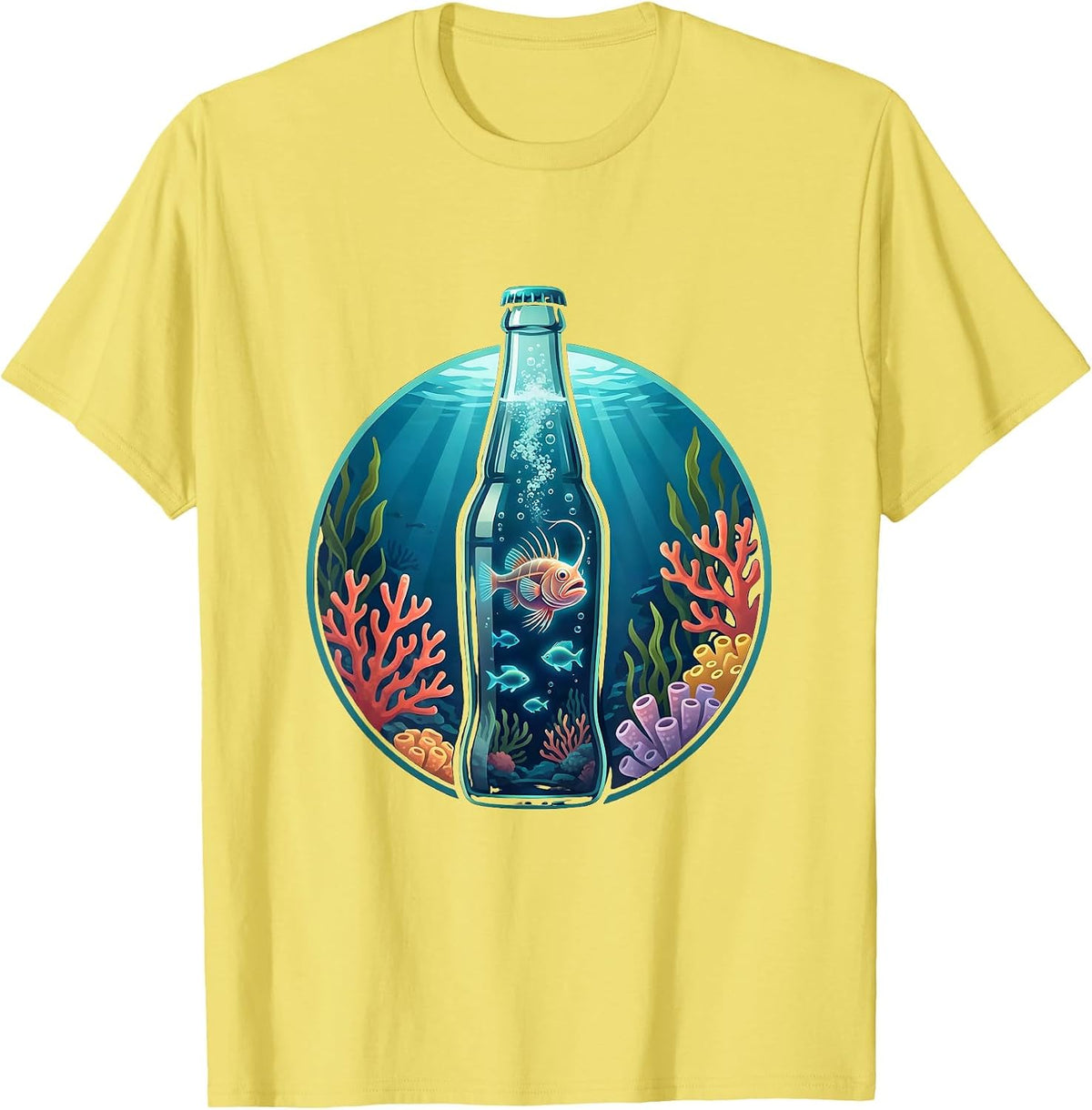 Men's Deep Sea Fish in a Soda Bottle Graphic Tee T-Shirt - Lemon Yellow