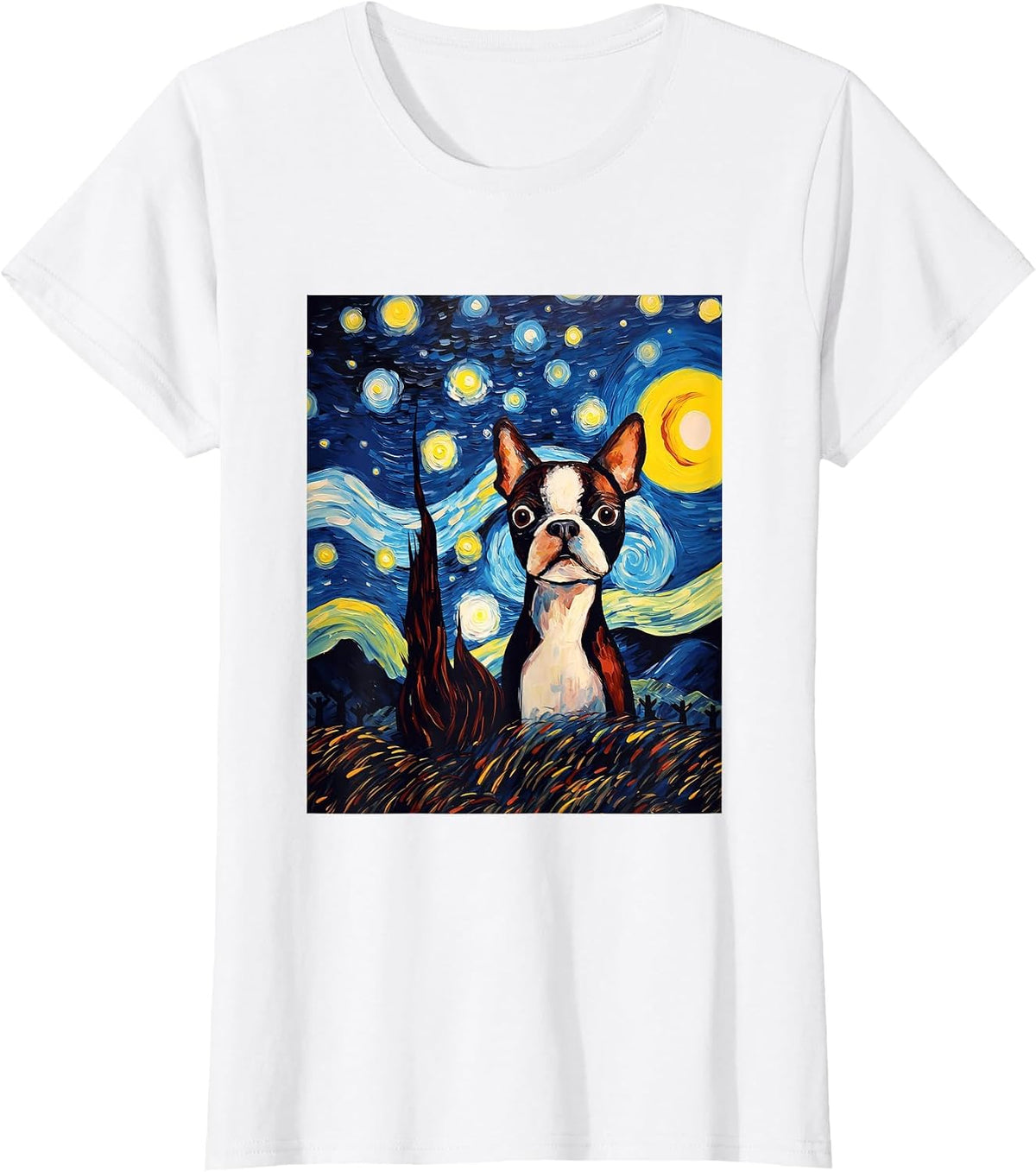 Boston Terrier Starry Night Van Gogh Art T-Shirt - White
