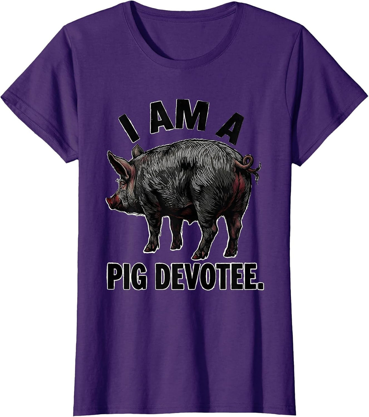 Women's I Am A Pig Devotee Funny Pig Lover Linocut Farm Animal Humor T-Shirt - Purple