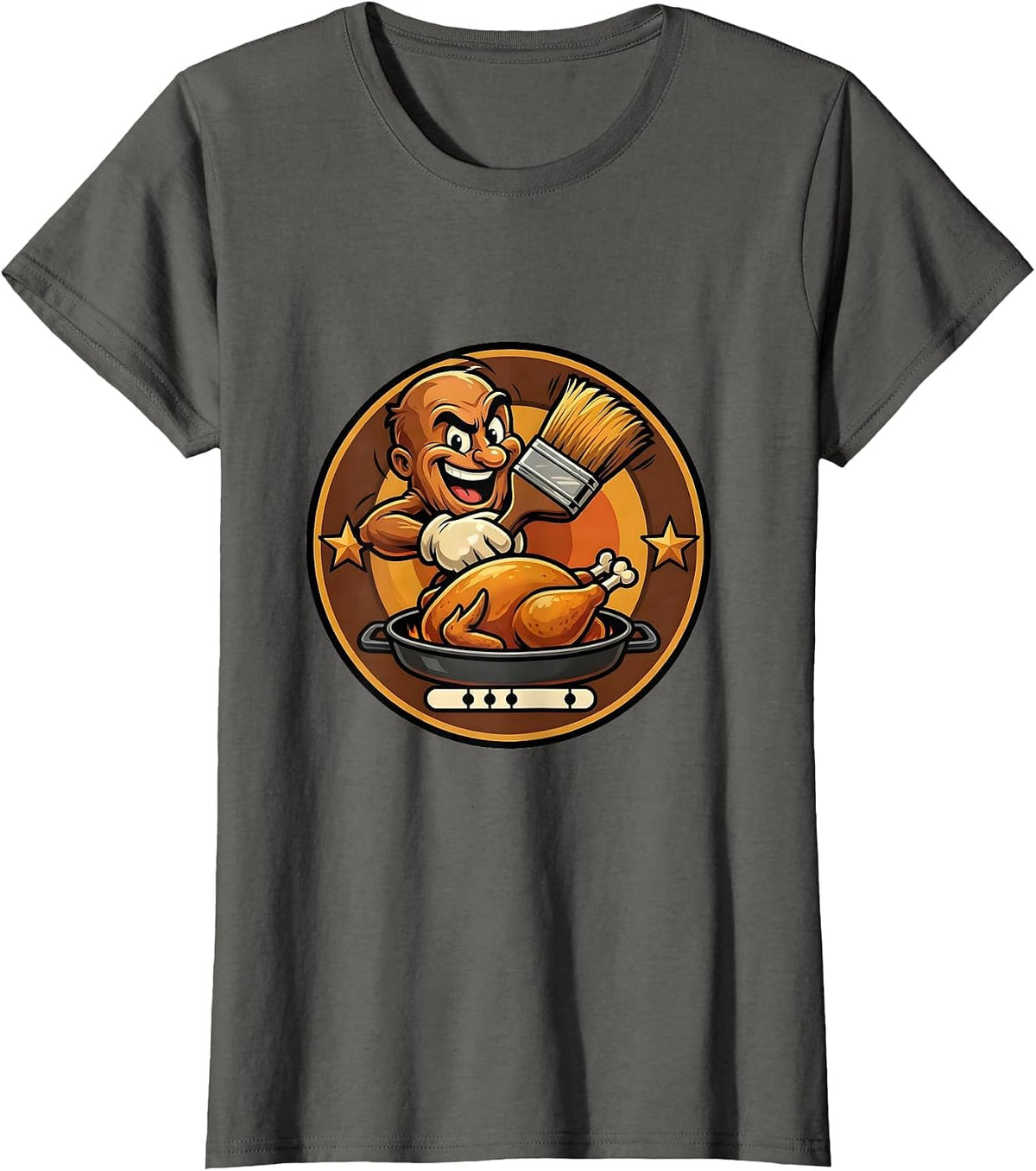 Women's Sealed Turkey Badge Cartoon Thanksgiving Humor T-Shirt - Asphalt Grey