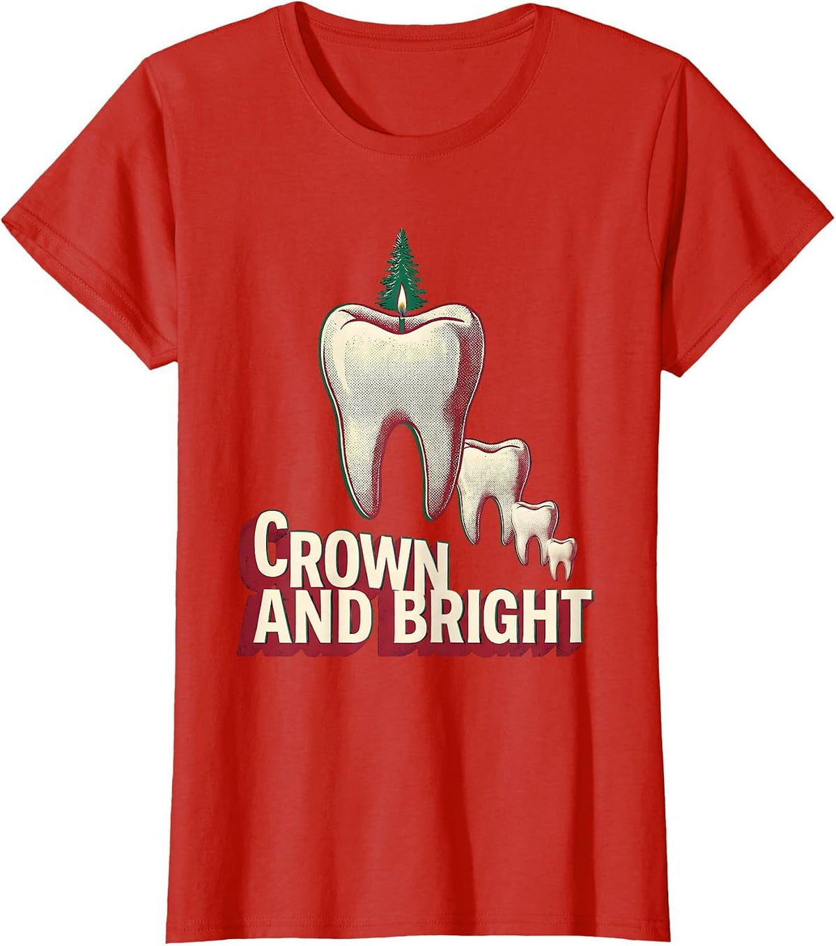 Women's Crown and Bright Oversized Carved Tooth Dental Christmas T-Shirt - Red