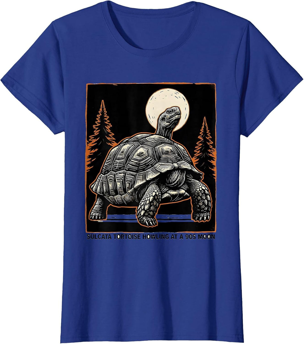 Women's Sulcata Tortoise Howling at a 90s Moon 90's Retro Pet Lover T-Shirt - Royal Blue