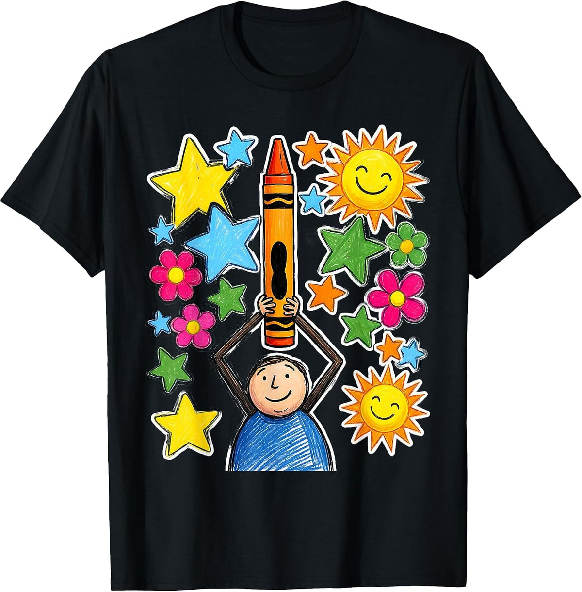 Men's Kindergarten Teacher Crayon Trophy Illustration T-Shirt - Black