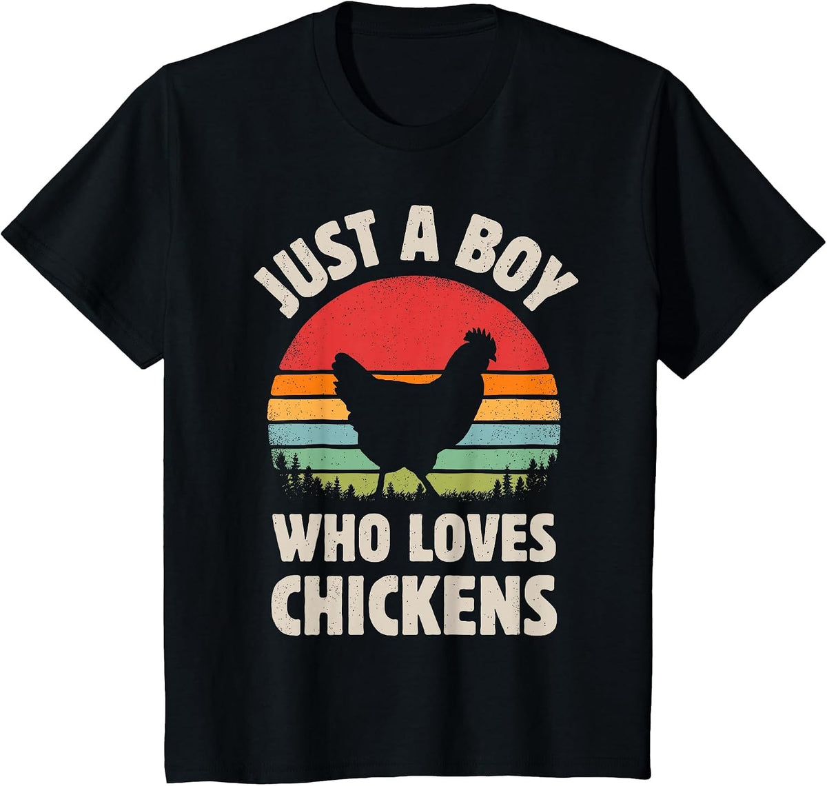 Chicken Just A Boy Who Loves Retro Farm Animal Farmer Sunset T-Shirt - Black