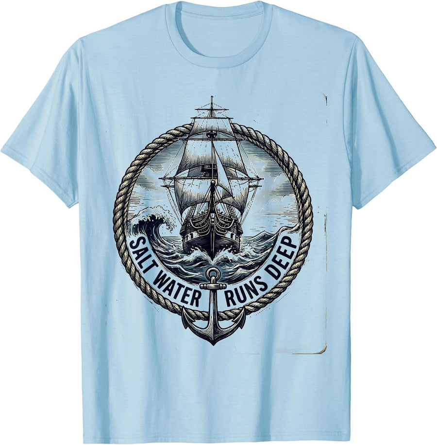 Men's Salt Water Runs Deep Navy Ocean Design T-Shirt - Baby Blue