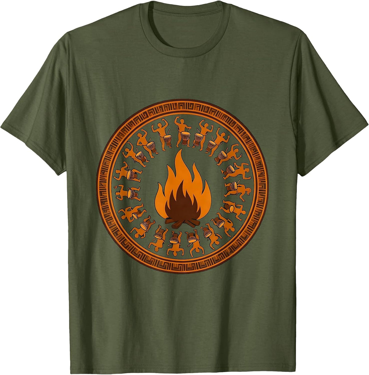African Drum Circle Bonfire Silhouette Design T-Shirt - Olive Green