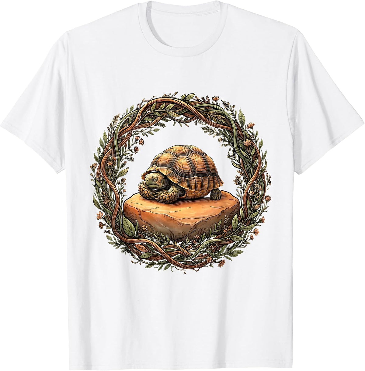 Tortoise Napping on Warm Rock Illustration T-Shirt - White