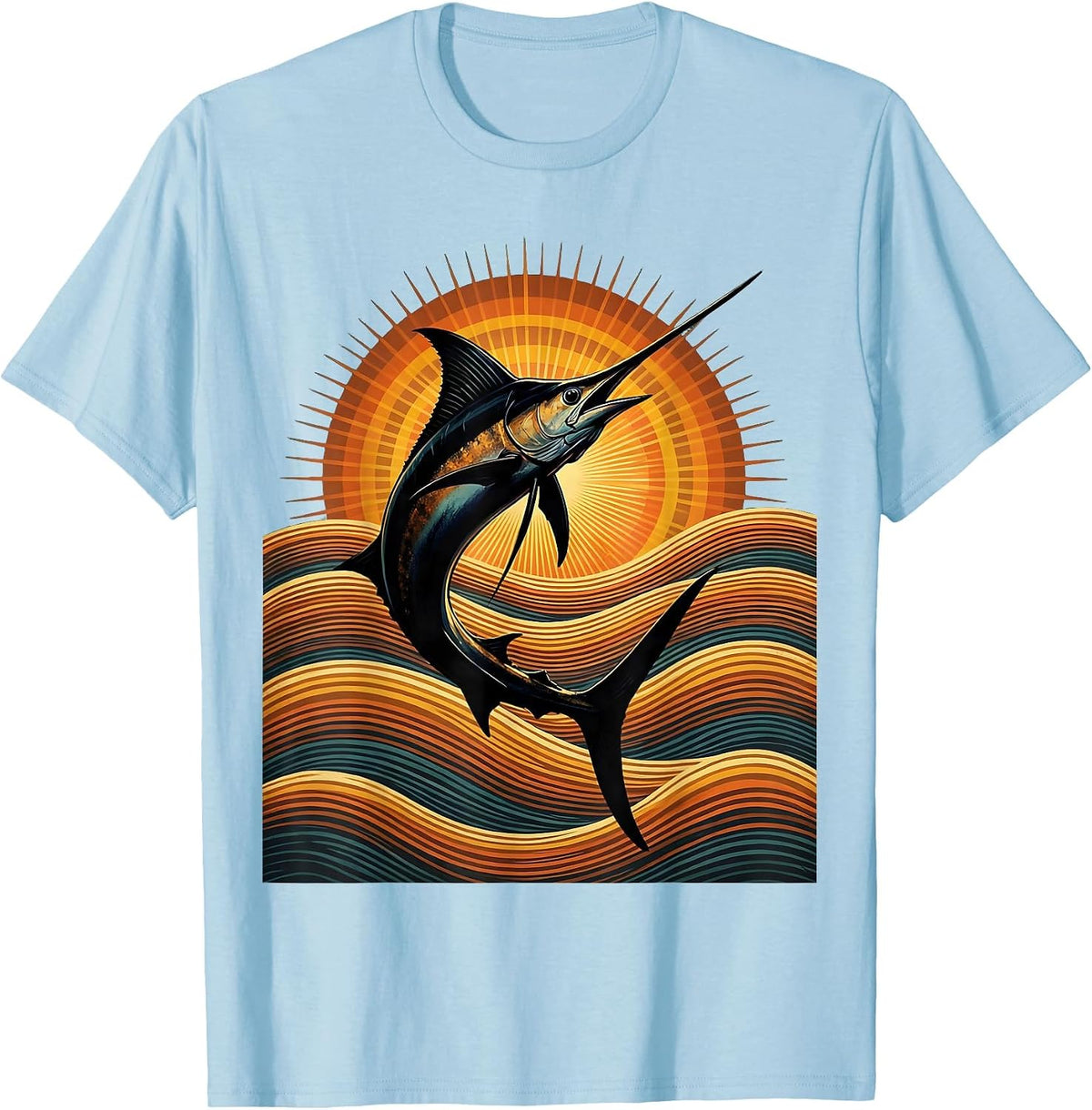 Giant Marlin Leaping Over Ocean Waves Fishing T-Shirt - Baby Blue