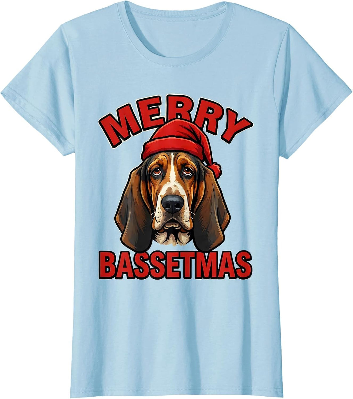 Women's Merry Bassetmas Cartoon Basset Hound Christmas Dog Lover T-Shirt - Baby Blue