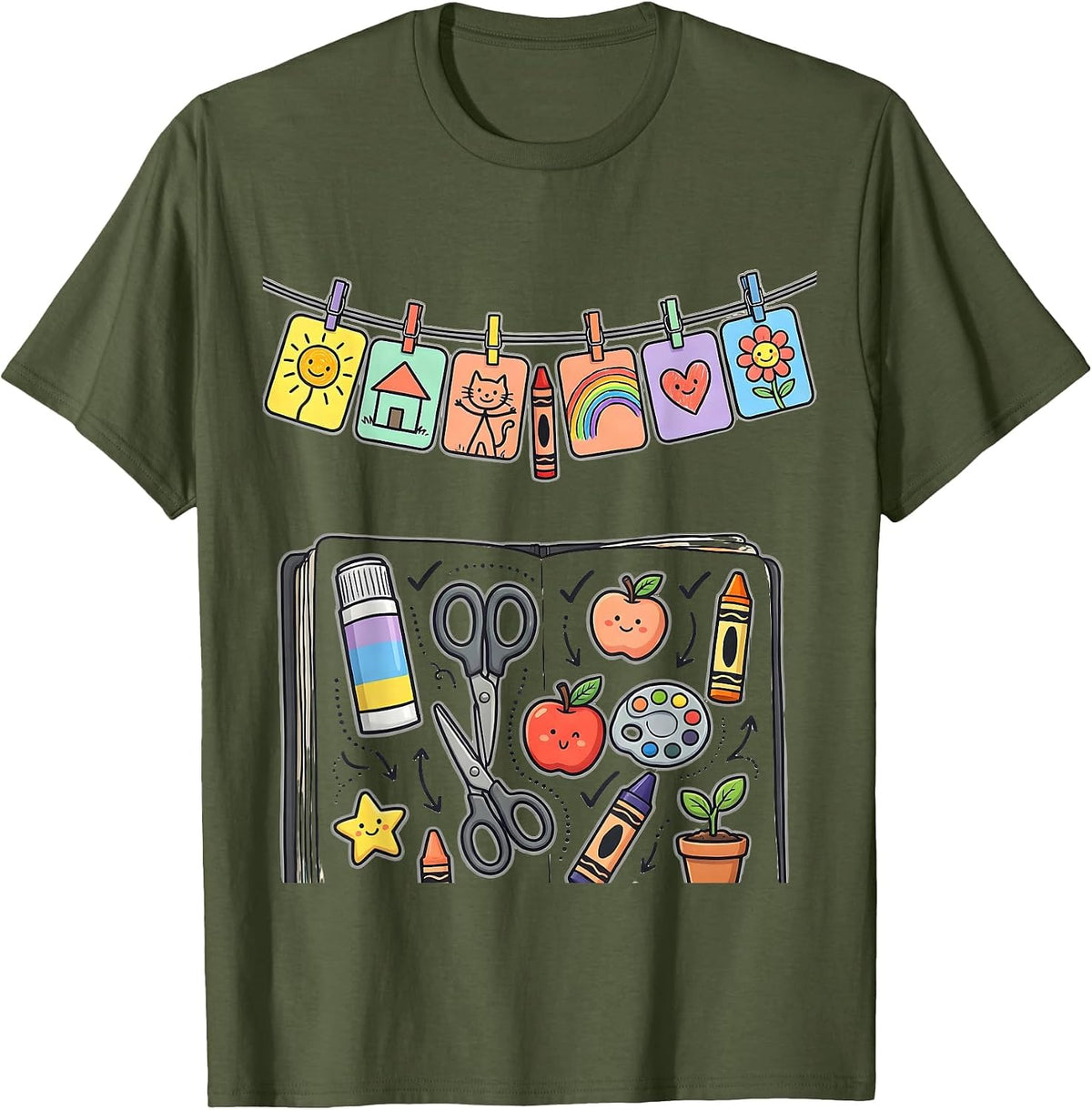 Men's Kindergarten Teacher Clothesline Kids Art Design T-Shirt - Olive Green