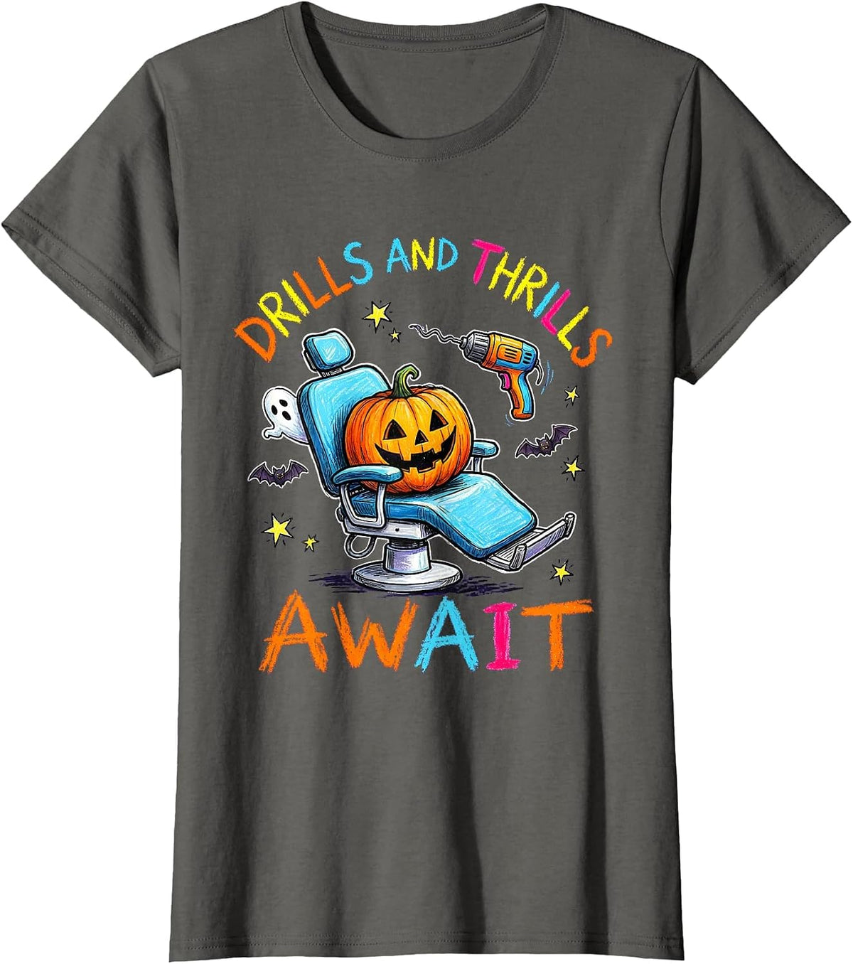 Women's Halloween Haunted Dental Chair Drills and Thrills Design T-Shirt - Asphalt Grey