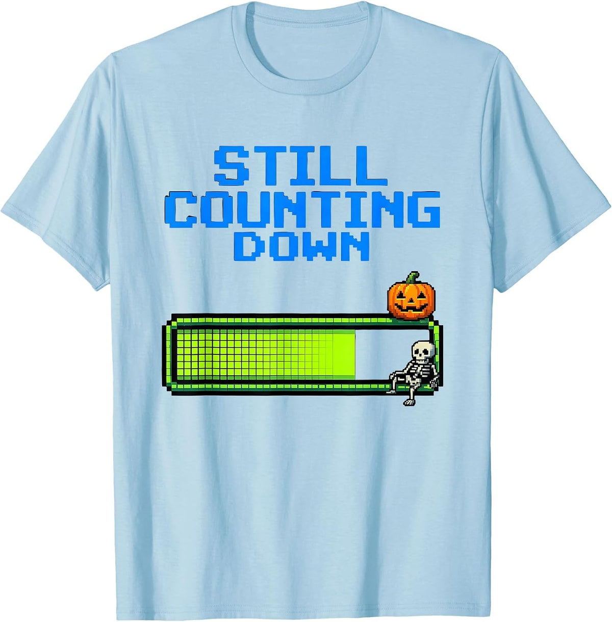 Men's Still Counting Down Pixel Art Summerween Skeleton Beach T-Shirt - Baby Blue