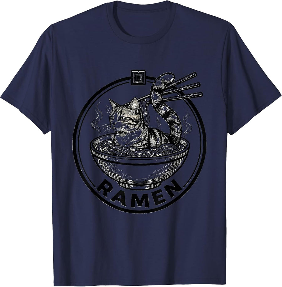 Ramen Cat Badge Kawaii Anime Funny Graphic T-Shirt - Navy Blue