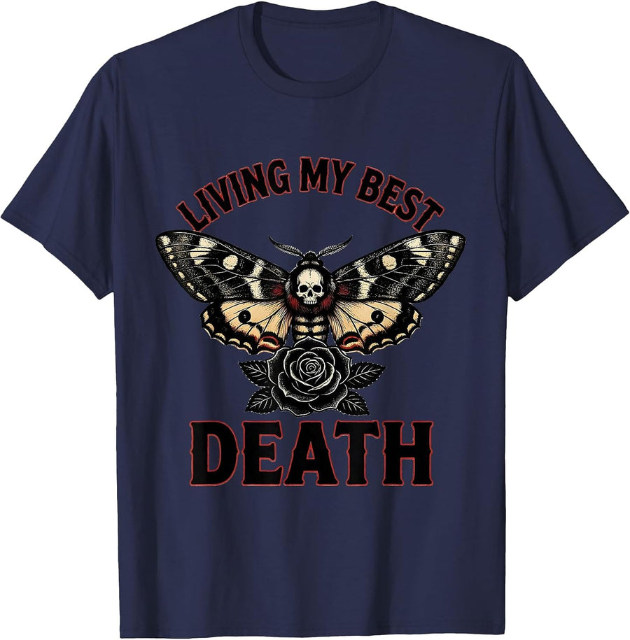 Living My Best Death Gothic Horror Skull Alt Aesthetic T-Shirt - Navy Blue