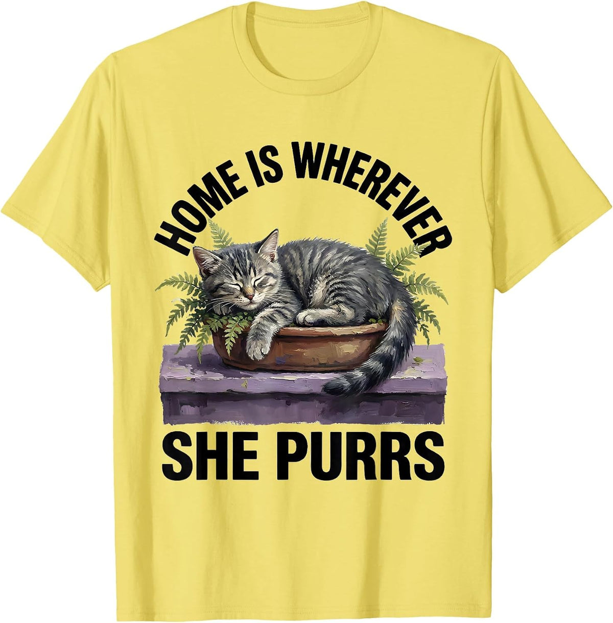 Men's Home Is Wherever She Purrs Cute Kitten Floral Cat Lover Gift T-Shirt - Lemon Yellow